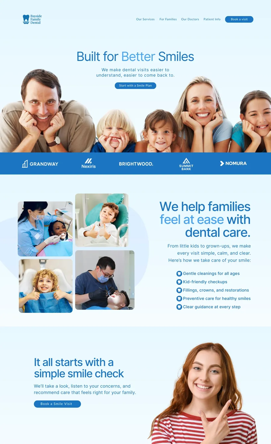Homepage wireframe for a family dental practice with a friendly hero and service list