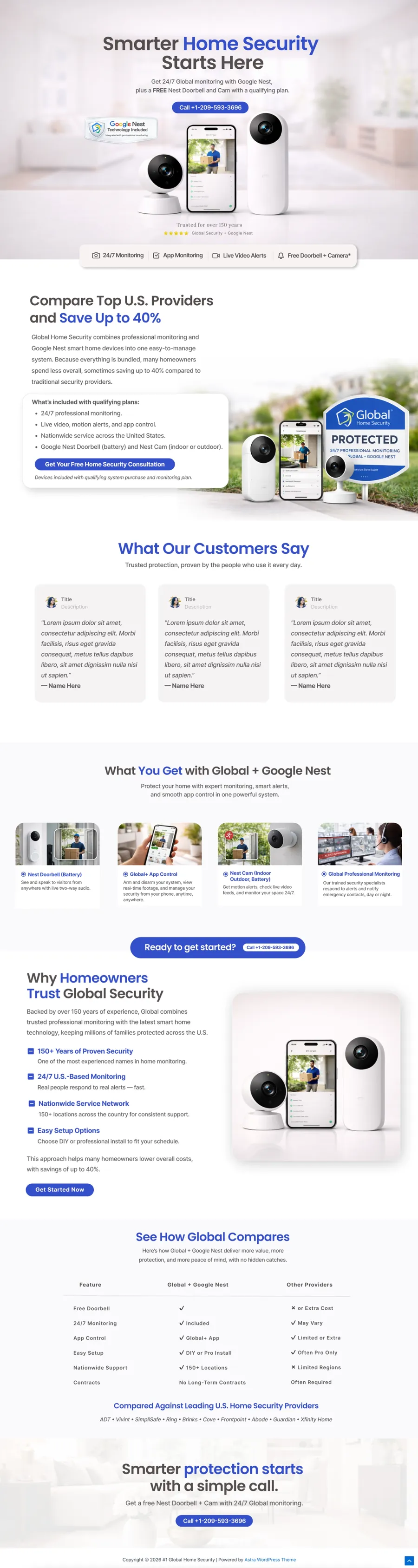 Long homepage wireframe for a home security company with hero, comparison table and calls to action