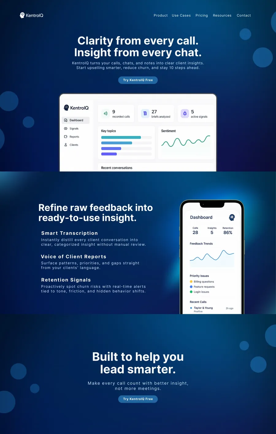 Landing page wireframe for a SaaS product that turns calls and chats into client insights