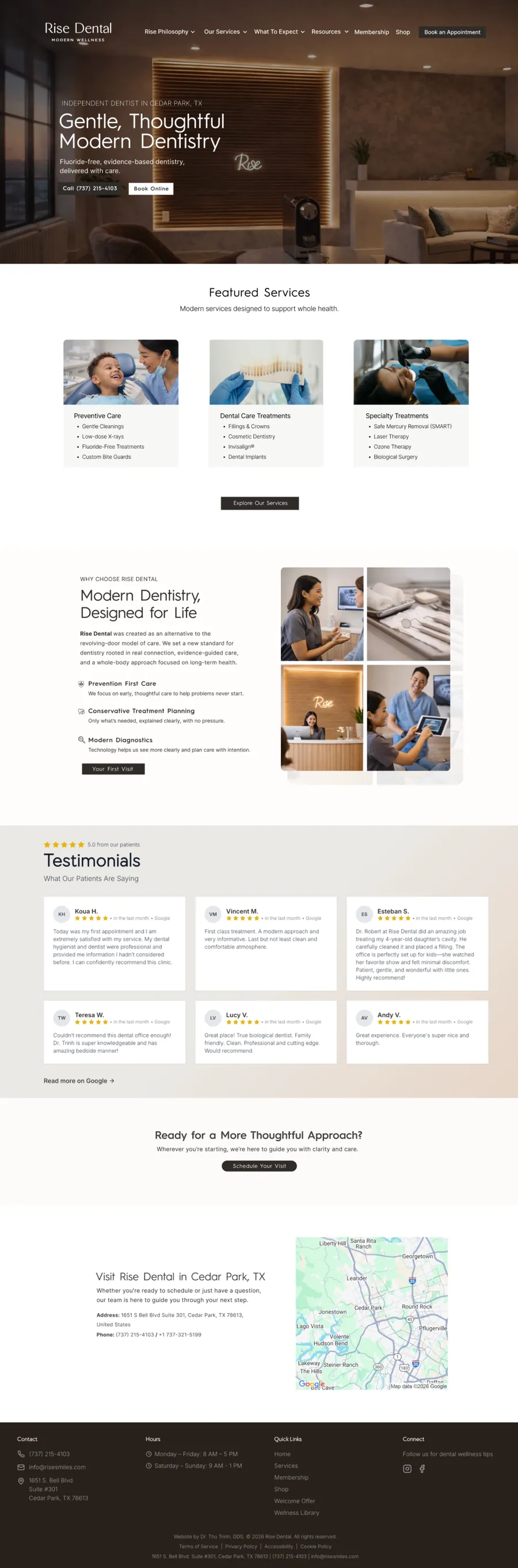 Homepage for a modern, whole-health dental practice with featured services, testimonials and location