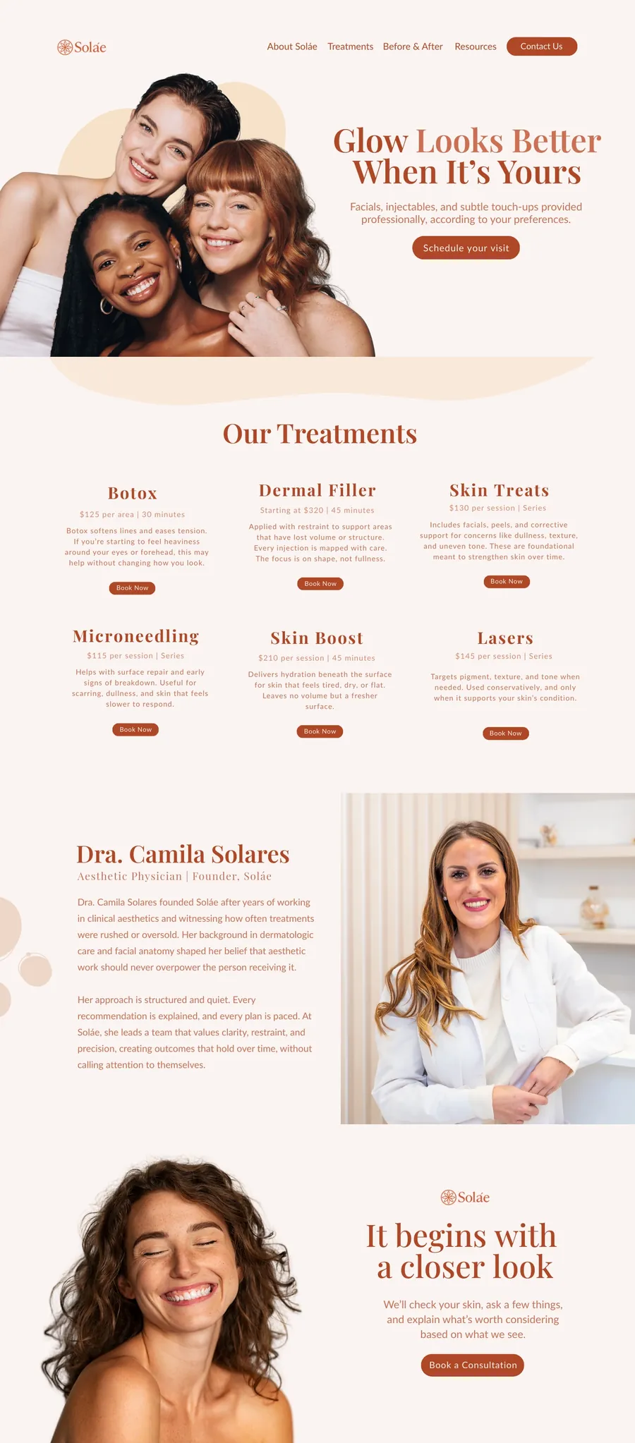 Homepage wireframe for an aesthetics clinic with treatments, pricing and a physician profile